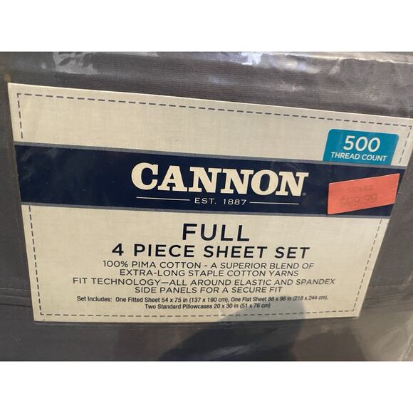 Cannon Full Smoked Pearl Grey 4 Piece Sheet Set 100% Pima Cotton 500 Thread Ct - Picture 5 of 6